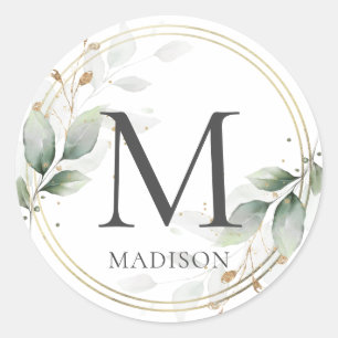 Sticker Rond ÉLÉGANT Verdure Feuille Monogramme d'or (modifiabl