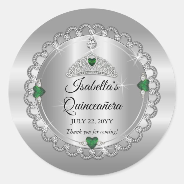 Sticker Rond Élégant vert émeraude | Diamond Crown Quinceañera (Devant)
