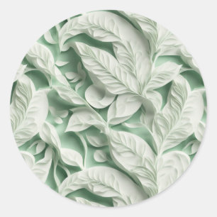 Sticker Rond Élégant vintage blanc vert motif de feuille botani