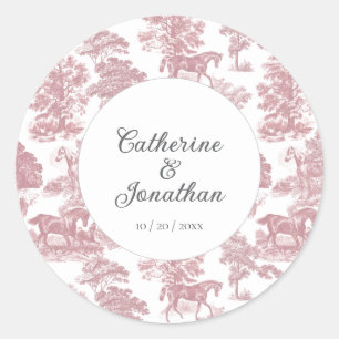 Sticker Rond Élégant Vintage Chic Rose Cheval Toile Mariage