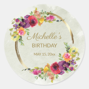 Sticker Rond Elégant Vintage Floral Gold Frame femme's Birthday