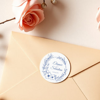 Sticker Rond Elégant Vintage Romance Dusty Blue Floral Mariage