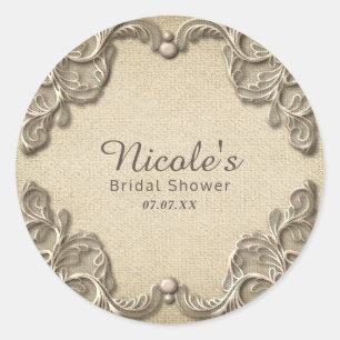 Sticker Rond Élégant Vintage Sud Charme Burlap Lace Mariage