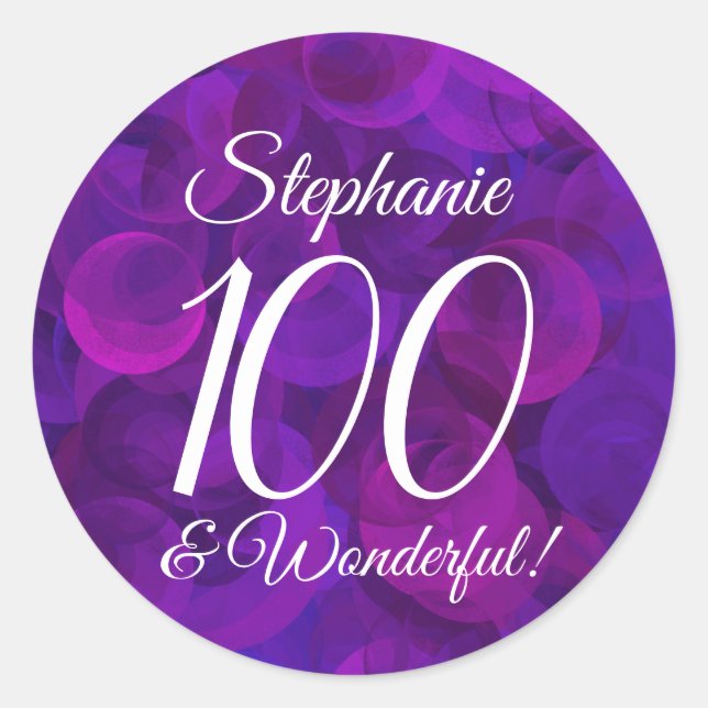 Sticker Rond Elégant violet 100 et merveilleux Anniversaire Fav (Devant)