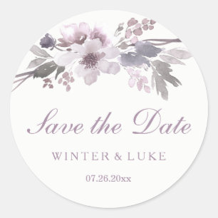 Sticker Rond Élégant violet floral d'hiver Enregistrer la date 