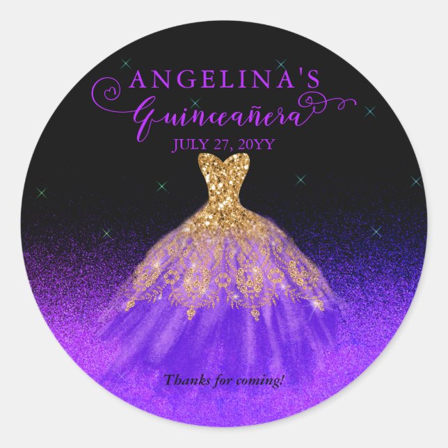 Sticker Rond Élégant violet | Gold Spanish Gown Quinceañera (Devant)