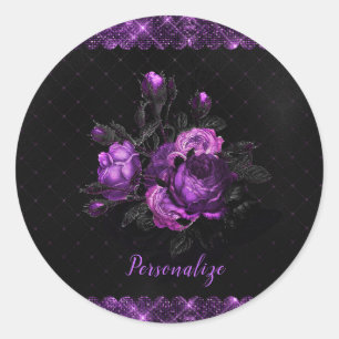Sticker Rond Elégant violet Roses & Bordure sur noir Personnali