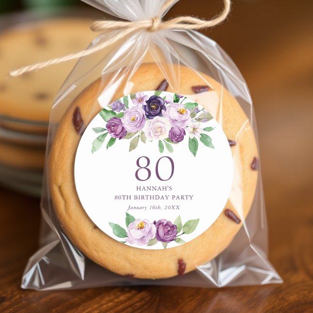 Sticker Rond Élégant violet | Violet Floral 80e anniversaire (Créateur téléchargé)