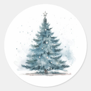 Sticker Rond Elégante aquarelle Bleu Argent Hiver Wonderland