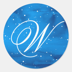 Sticker Rond Elégante aquarelle bleu blanc Snow Script Monogram
