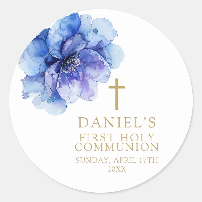 Sticker Rond Elégante Aquarelle Bleue Florale Sainte Communion (Devant)