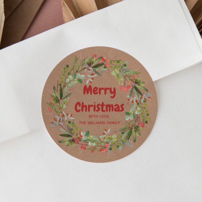 Sticker Rond Elégante aquarelle couronne Noël classique Roun (Créateur téléchargé)