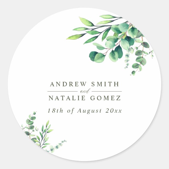 Sticker Rond Elégante aquarelle Eucalyptus Mariage vert (Devant)