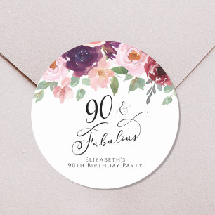 Sticker Rond Elégante aquarelle florale 90ème anniversaire