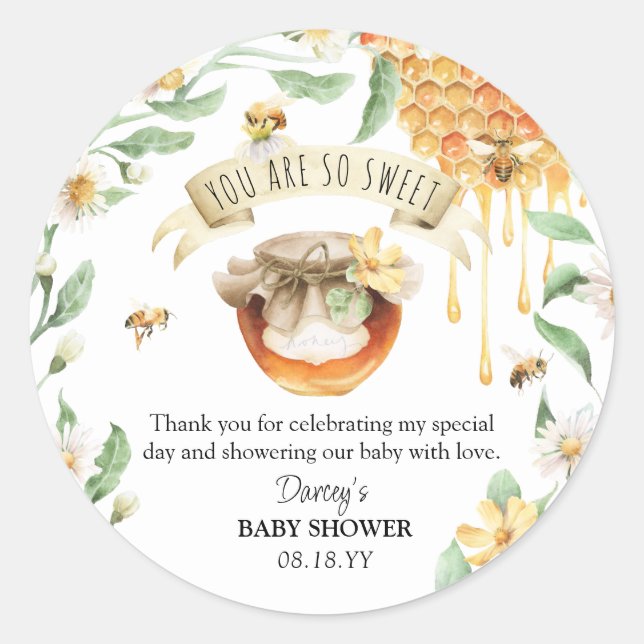Sticker Rond Elégante aquarelle HoneyBee Baby shower Merci (Devant)