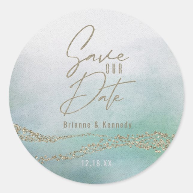 Sticker Rond Elégante aquarelle Ocean Aqua & Gold Enregistrer l (Devant)