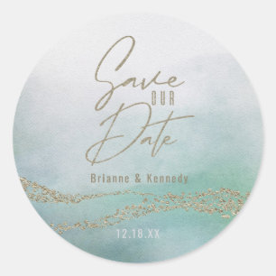 Sticker Rond Elégante aquarelle Ocean Aqua & Gold Enregistrer l