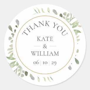 Sticker Rond Elégante Aquarelle Or Verdure Mariage Faveur