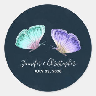 Sticker Rond Elégante aquarelle papillon Duo Mariage Date
