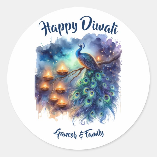 Sticker Rond Elégante aquarelle Peacock Diwali (Devant)