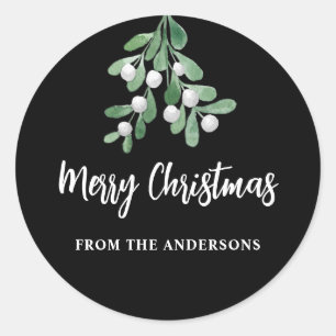 Sticker Rond Elégante aquarelle personnalisée Mistletoe noir