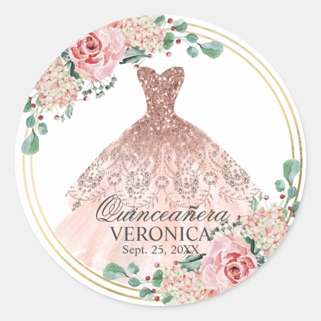Sticker Rond Elégante aquarelle rose espagnol Quinceañera Quinc (Devant)