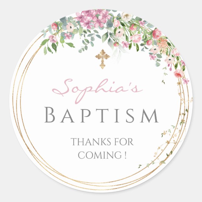 Sticker Rond Elégante Aquarelle rose Floral Girl Baptism Favou (Devant)