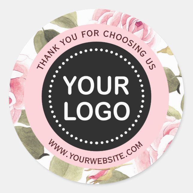 Sticker Rond Elégante aquarelle rose florale votre logo Slogan (Devant)