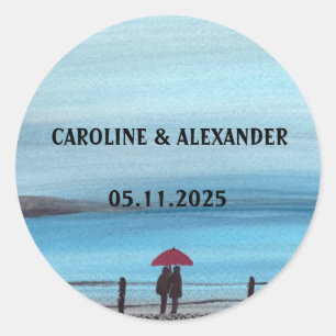 Sticker Rond Elégante Aquarelle Rouge Parapluie Couple Mariage