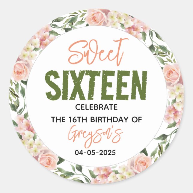 Sticker Rond Elégante aquarelle Sweet sixteen floral (Devant)