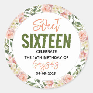 Sticker Rond Elégante aquarelle Sweet sixteen floral