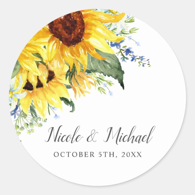 Sticker Rond Elégante aquarelle tournesols Mariage personnalisé (Devant)