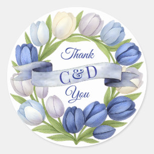 Sticker Rond Elégante aquarelle Tulipe Mariage de couronne bleu