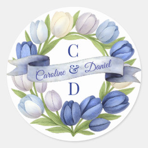 Sticker Rond Elégante aquarelle Tulipe Mariage de couronne bleu
