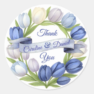 Sticker Rond Elégante aquarelle Tulipe Mariage de couronne bleu