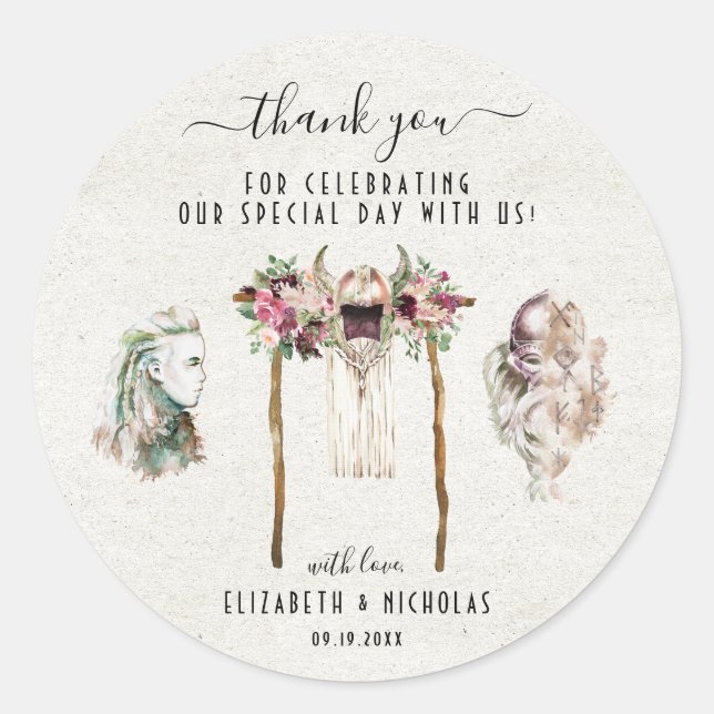 Sticker Rond Elégante aquarelle Viking | Faveur de mariage (Devant)