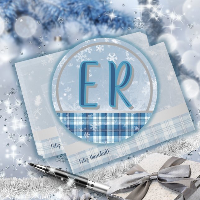 Sticker Rond Elegante Azul Etiqueta Monograma Navideña (Créateur téléchargé)