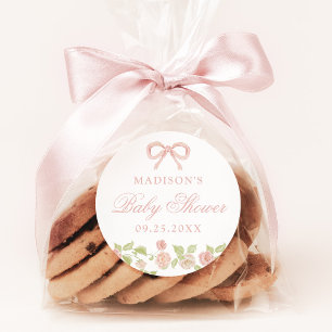 Sticker Rond Élégante Baby Shower Fleurie Rose Enchantée