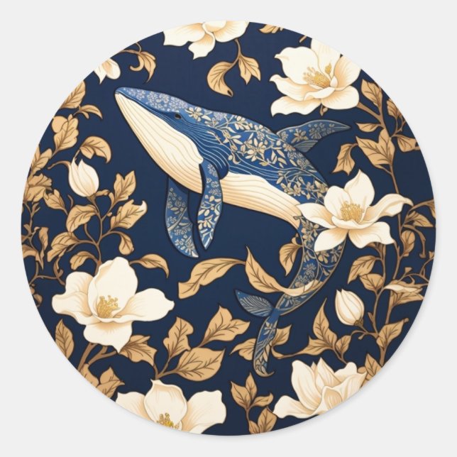 Sticker Rond Elégante Baleine Bleue William Morris Inspiré Flor (Devant)
