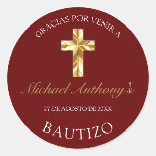 Sticker Rond Elegante Bautismo de Bebé Borgoña Dorado Gracias
