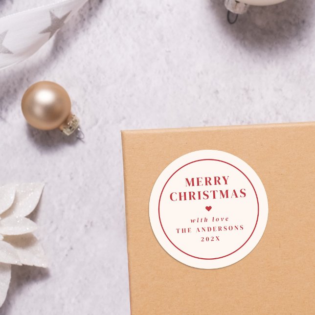 Sticker Rond Elégante Beige & Typographie Rouge Joyeux Noël (Créateur téléchargé)