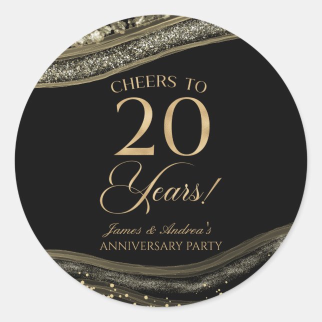 Sticker Rond Élégante Black Gold Agate 20e anniversaire fête (Devant)