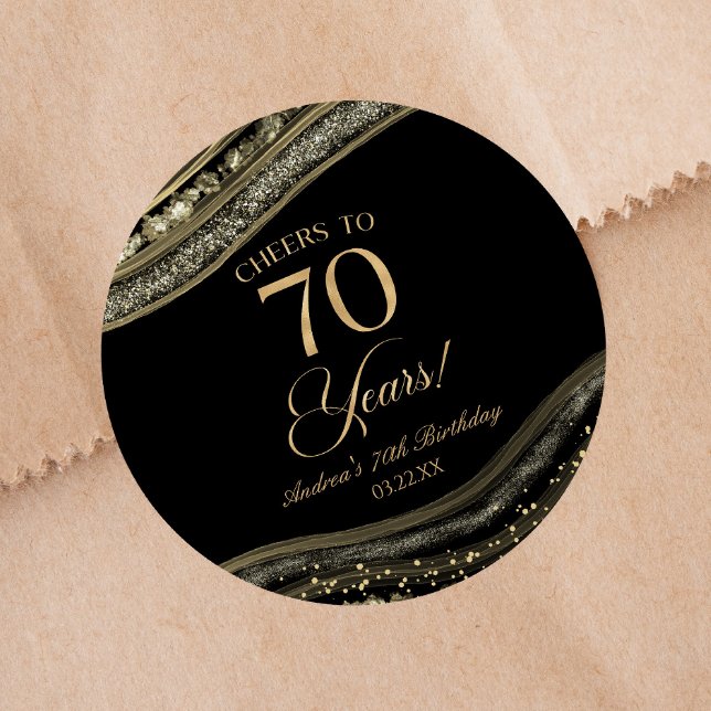 Sticker Rond Elégante Black Gold Agate 70e fête d'anniversaire (Créateur téléchargé)