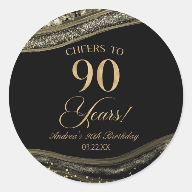 Sticker Rond Elégante Black Gold Agate 90e fête d'anniversaire (Devant)