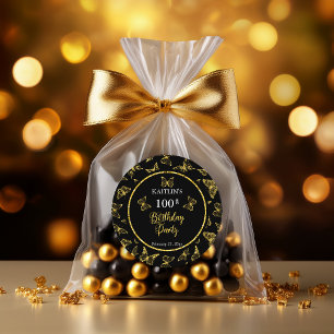 Sticker Rond Elégante Black Gold Butterflies 100 Anniversaire