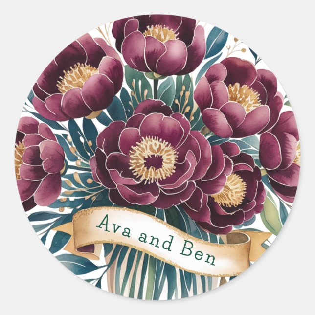 Sticker Rond Elégante Bourgogne & pivoine d'émeraude avec accen (Devant)