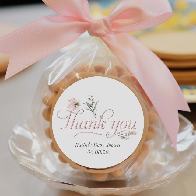 Sticker Rond Élégante Calligraphie Fleur sauvage rose Le Baby s (Elegant Pink Wildflower, Baby Girl shower favor thank you stickers.)