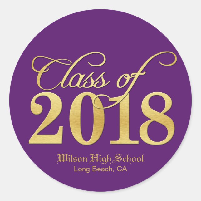 Sticker Rond Élégante classe Purple & Gold de 2018 Graduation (Devant)