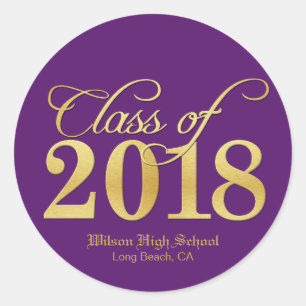 Sticker Rond Élégante classe Purple & Gold de 2018 Graduation