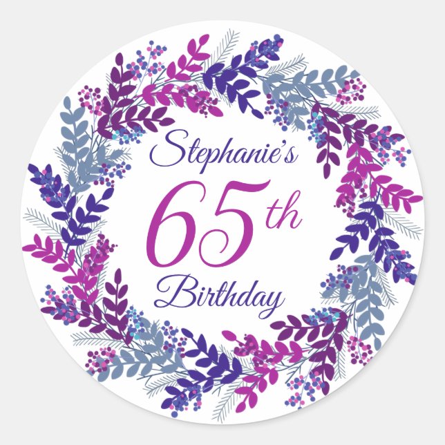 Sticker Rond Élégante couronne rose violet 65e anniversaire (Devant)